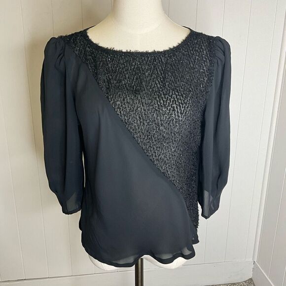 Vintage Ms Paquette Womens Medium Eyelash Asymmetrical Front Blouse Black Flowy - Picture 1 of 13